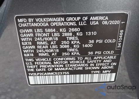2021 Volkswagen Atlas Se from USA, damaged, VIN 1V2LP2CA9MC523755